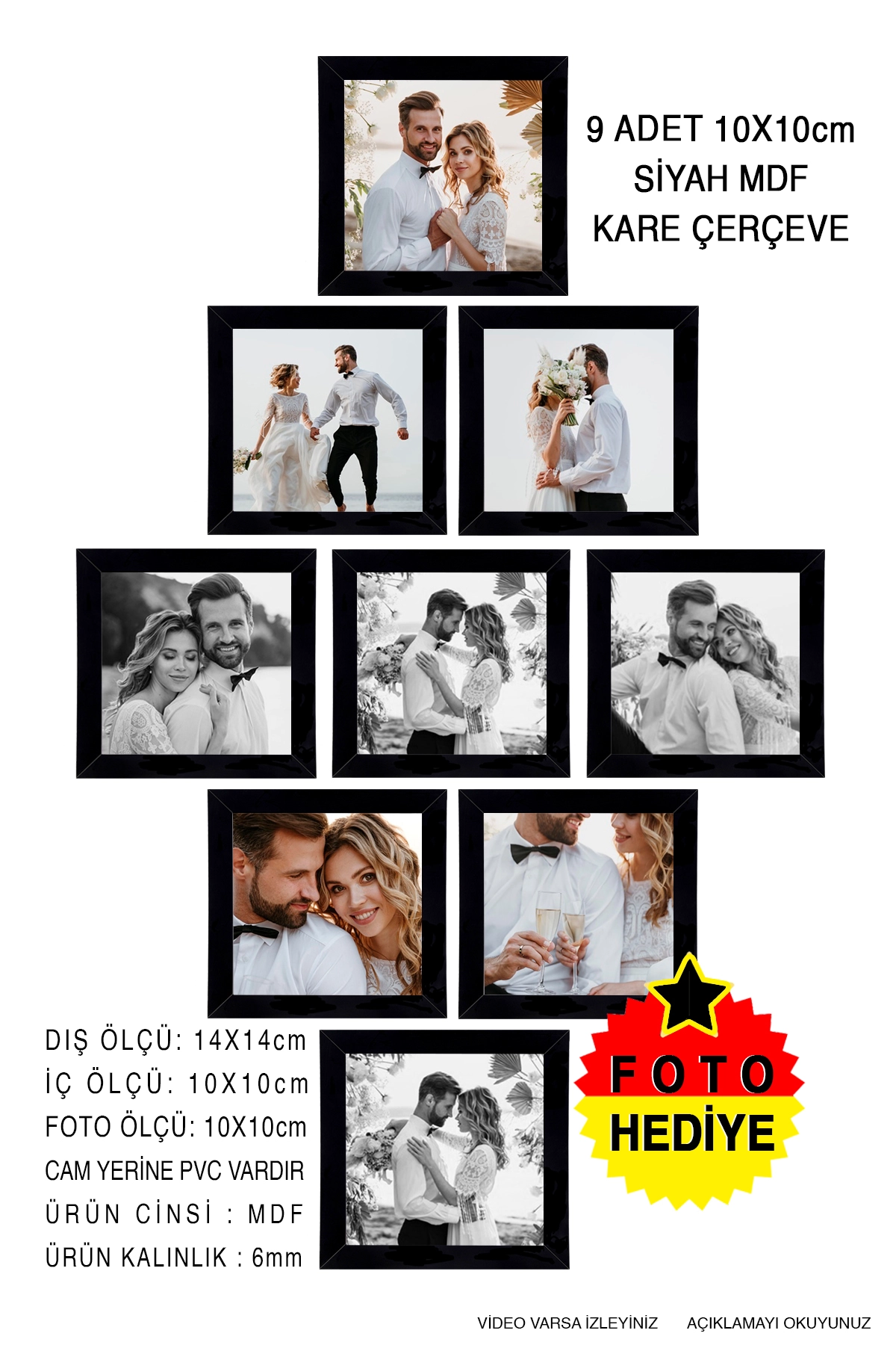 9 ADET 10x10 MDF ÇERÇEVE - KARE ÇERÇEVE Fotoğraf Çerçevesi