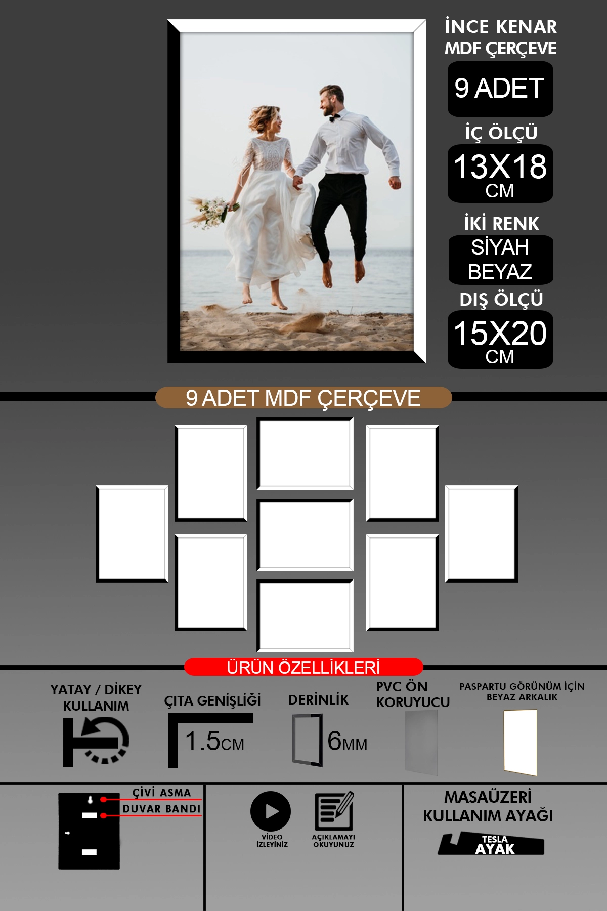 9 Adet 13x18 Çerçeve - İnce Çıtalı Çerçeve- 6mm Çerçeve Fotoğraf Çerçevesi
