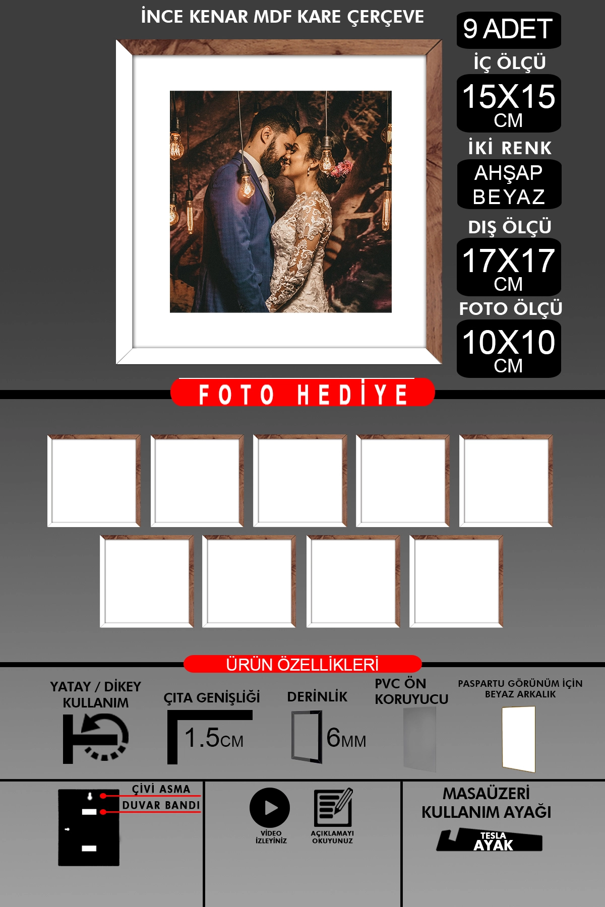 9 Adet 15x15 Çerçeve - İnce Çıtalı Çerçeve - Kare Çerçeve - Fotoğraf Çerçevesi