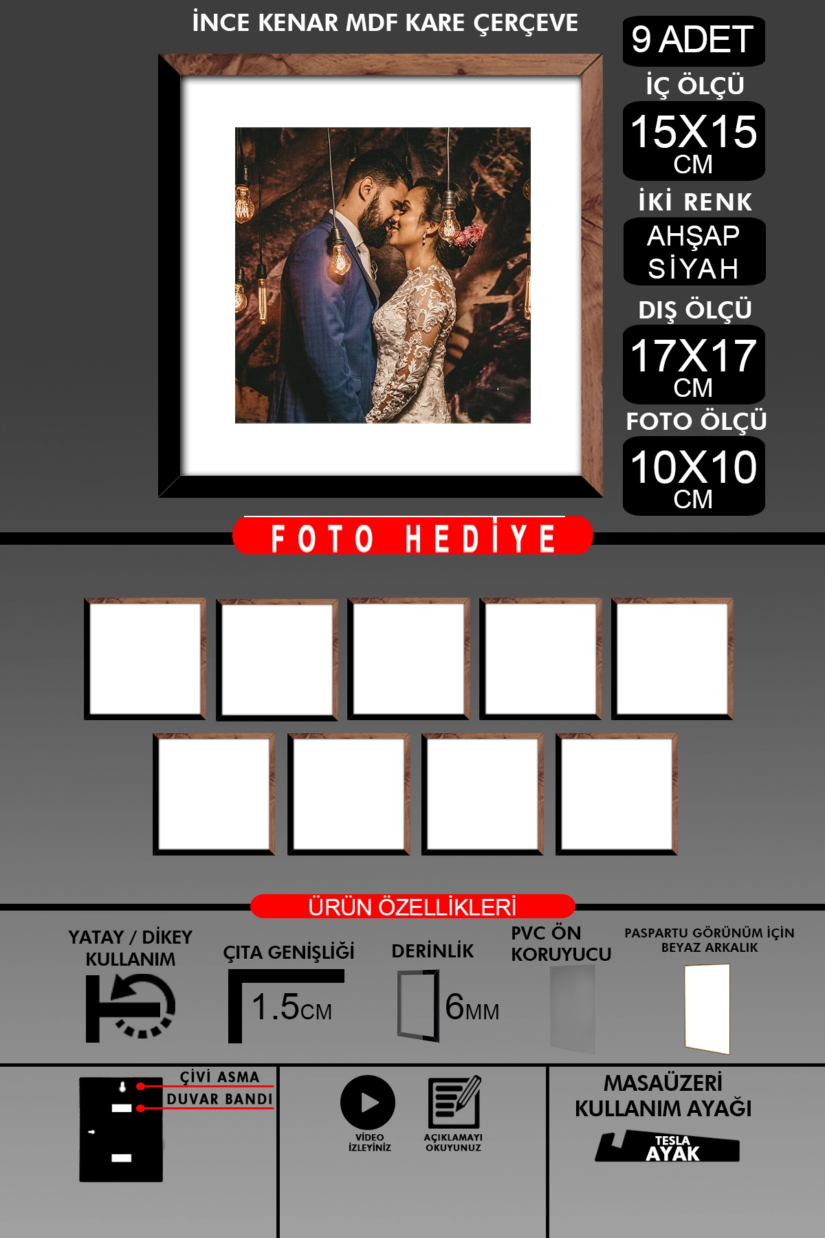 9 Adet 15x15 Çerçeve - İnce Çıtalı Çerçeve - Kare Çerçeve - Fotoğraf Çerçevesi