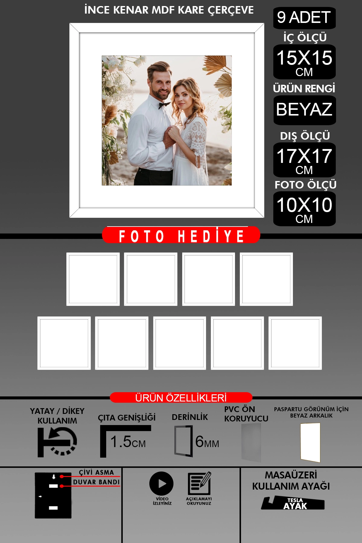 9 Adet 15x15 Çerçeve - İnce Çıtalı Çerçeve - Kare Çerçeve - Fotoğraf Çerçevesi