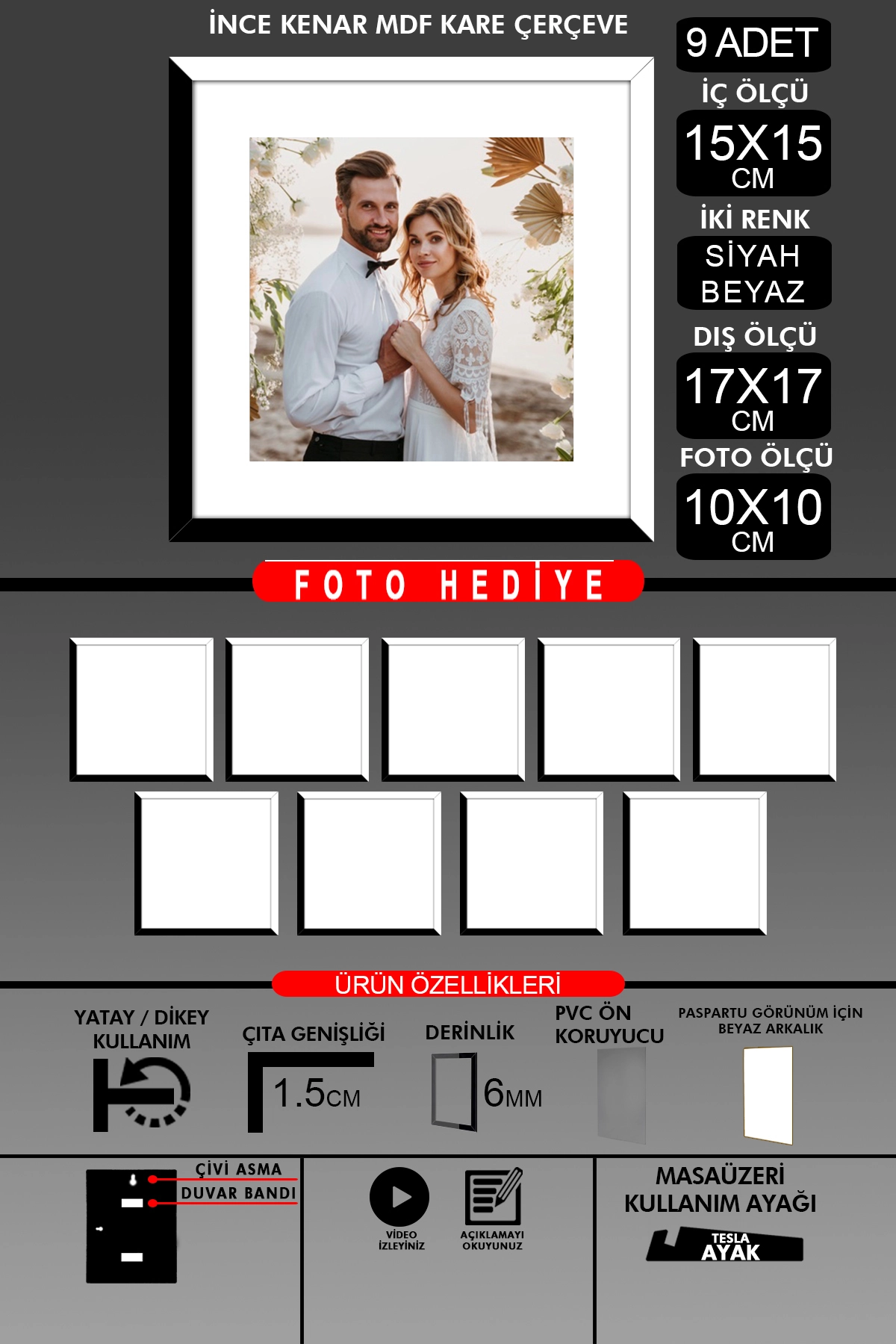 9 Adet 15x15 Çerçeve - İnce Çıtalı Çerçeve - Kare Çerçeve - Fotoğraf Çerçevesi