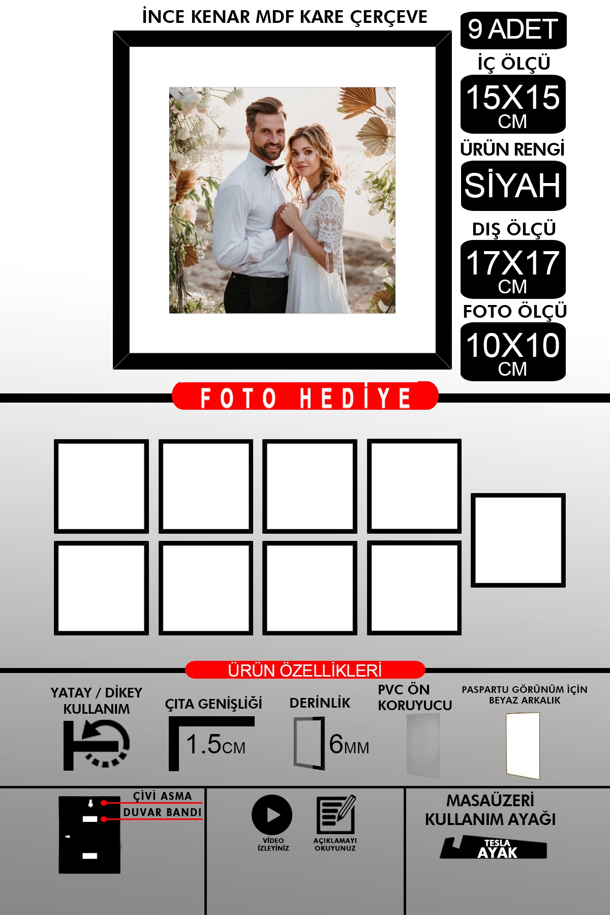 9 Adet 15x15 Çerçeve - İnce Çıtalı Çerçeve - Kare Çerçeve - Fotoğraf Çerçevesi