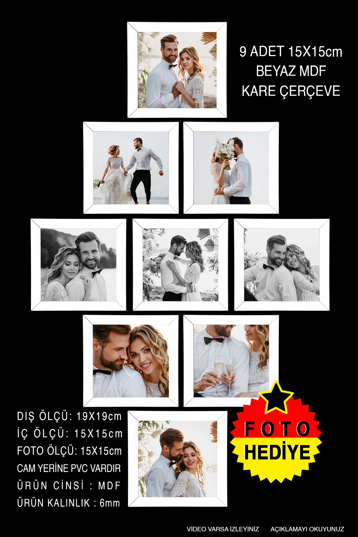 9 ADET 15x15 MDF ÇERÇEVE - KARE ÇERÇEVE Fotoğraf Çerçevesi
