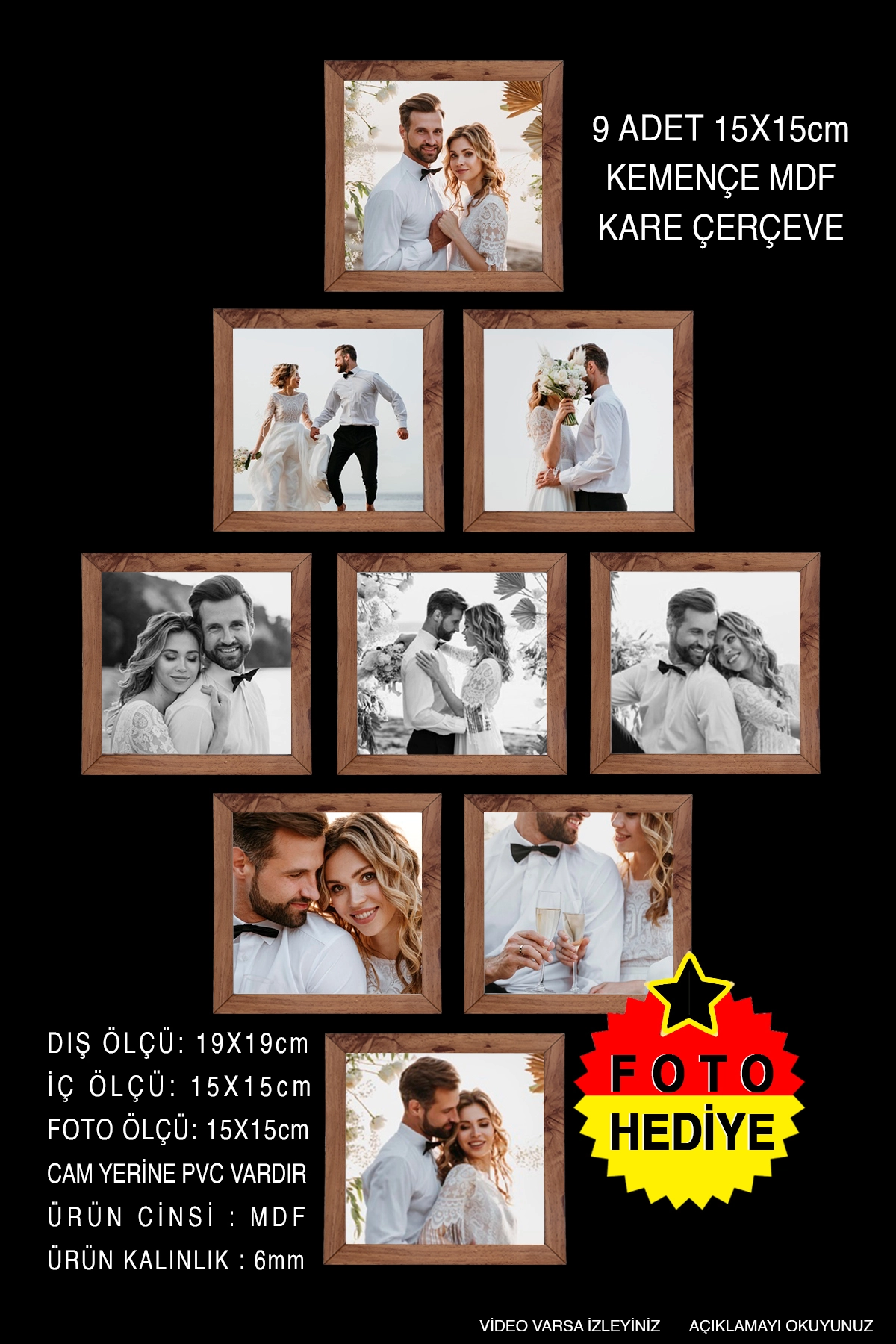 9 ADET 15x15 MDF ÇERÇEVE - KARE ÇERÇEVE Fotoğraf Çerçevesi