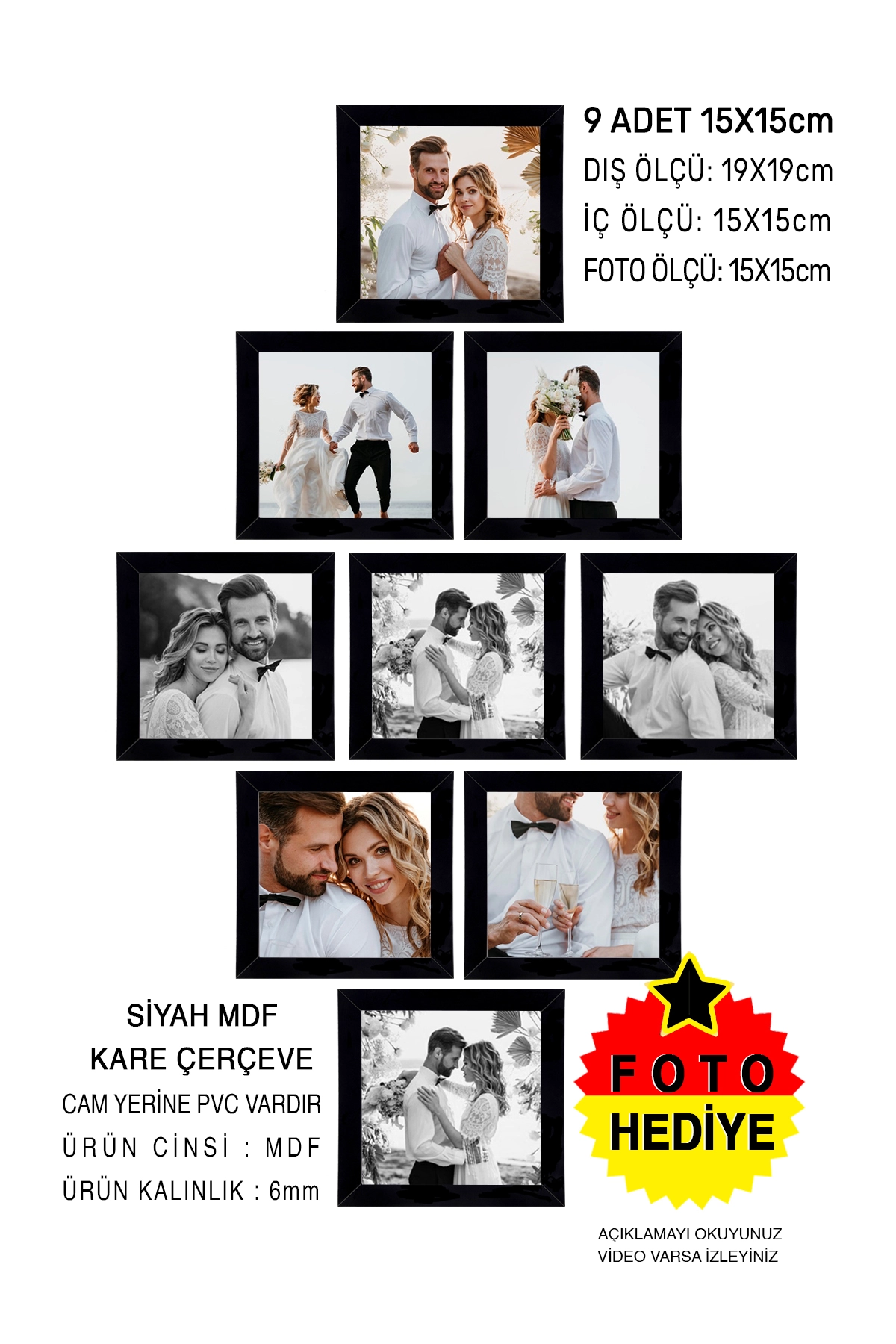 9 ADET 15x15 MDF ÇERÇEVE - KARE ÇERÇEVE Fotoğraf Çerçevesi