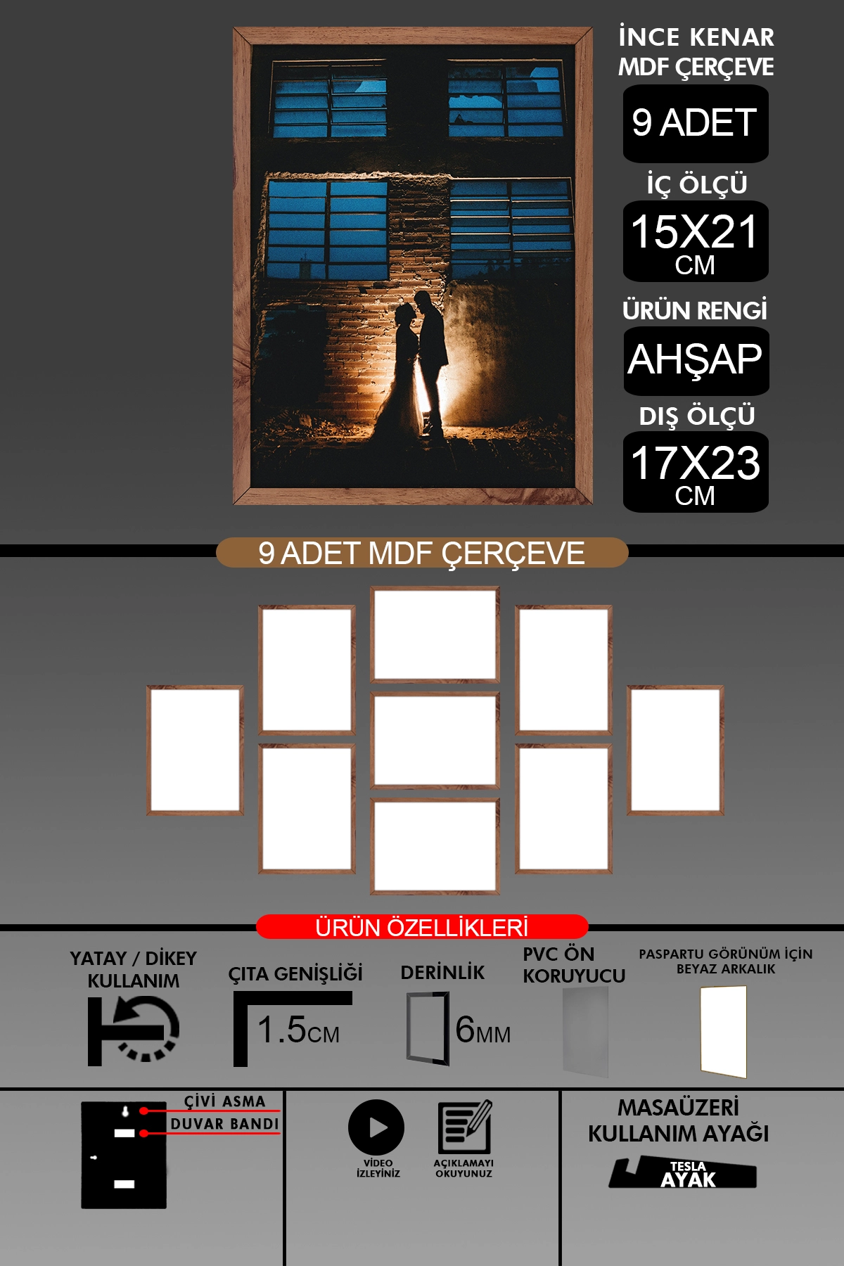 9 Adet 15x21 Çerçeve - İnce Çıtalı A5 Çerçeve - 6mm - Fotoğraf Çerçevesi