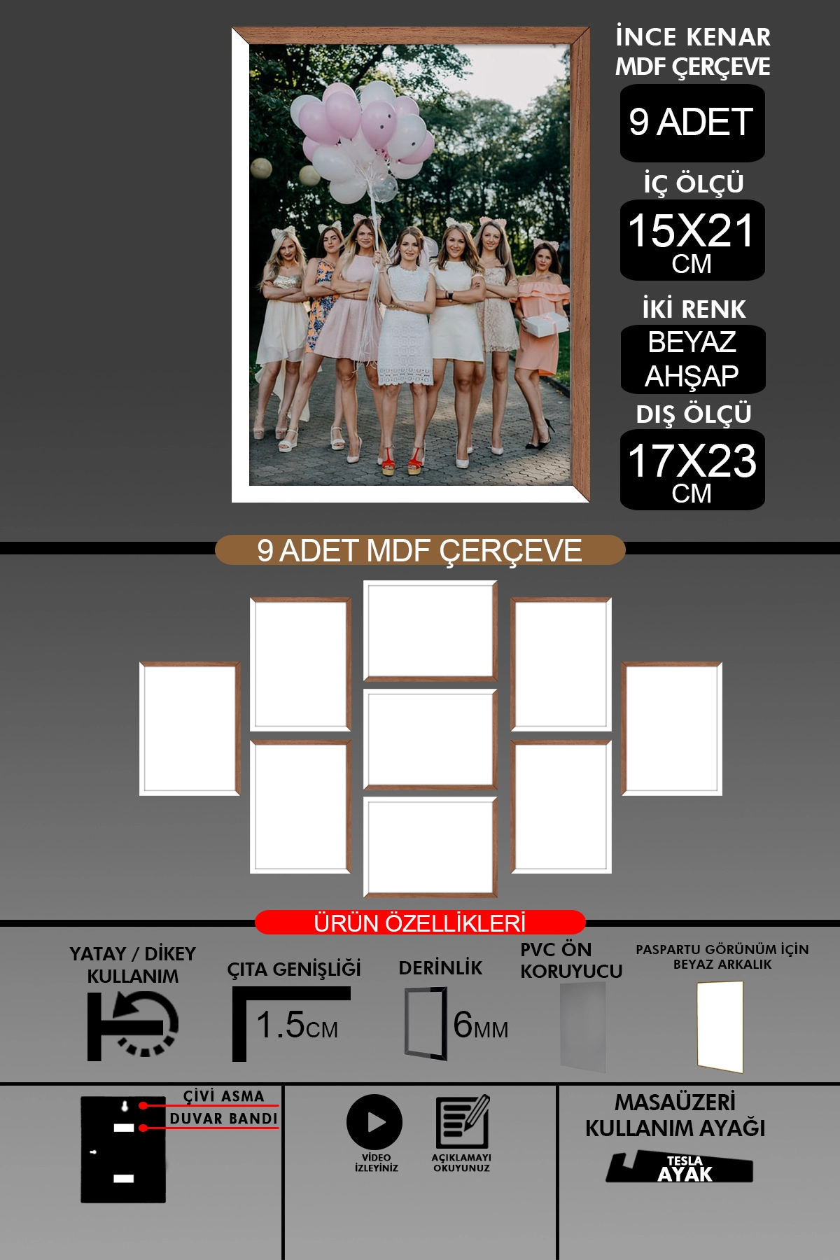 9 Adet 15x21 Çerçeve - İnce Çıtalı A5 Çerçeve - 6mm - Fotoğraf Çerçevesi