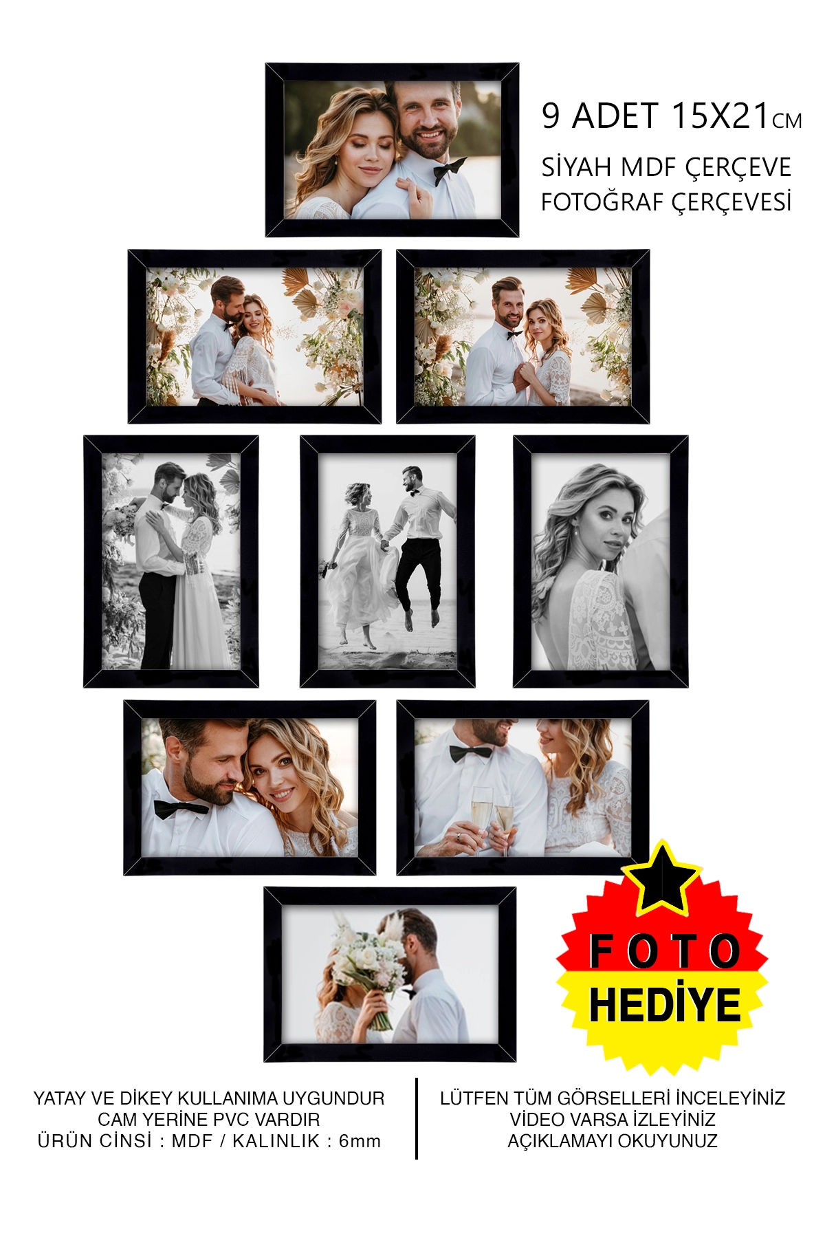 9 ADET 15x21 MDF ÇERÇEVE - DİKDÖRTGEN ÇERÇEVE Fotoğraf Çerçevesi