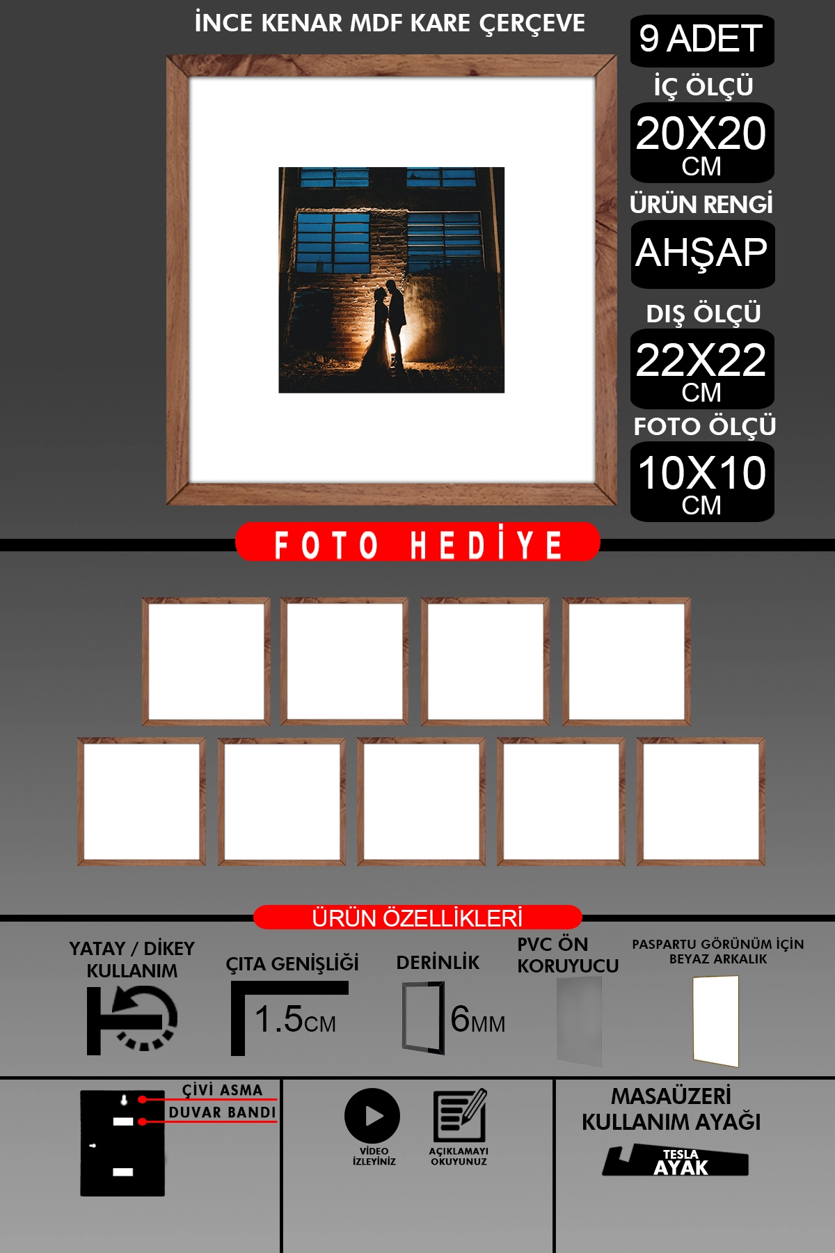9 Adet 20x20 Çerçeve - İnce Çıtalı Çerçeve - Kare Çerçeve - Fotoğraf Çerçevesi