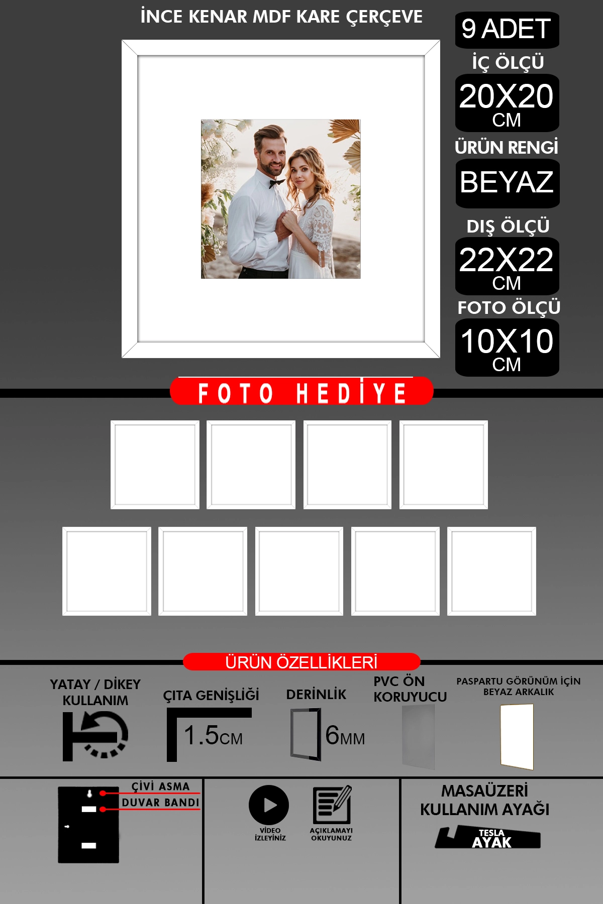 9 Adet 20x20 Çerçeve - İnce Çıtalı Çerçeve - Kare Çerçeve - Fotoğraf Çerçevesi