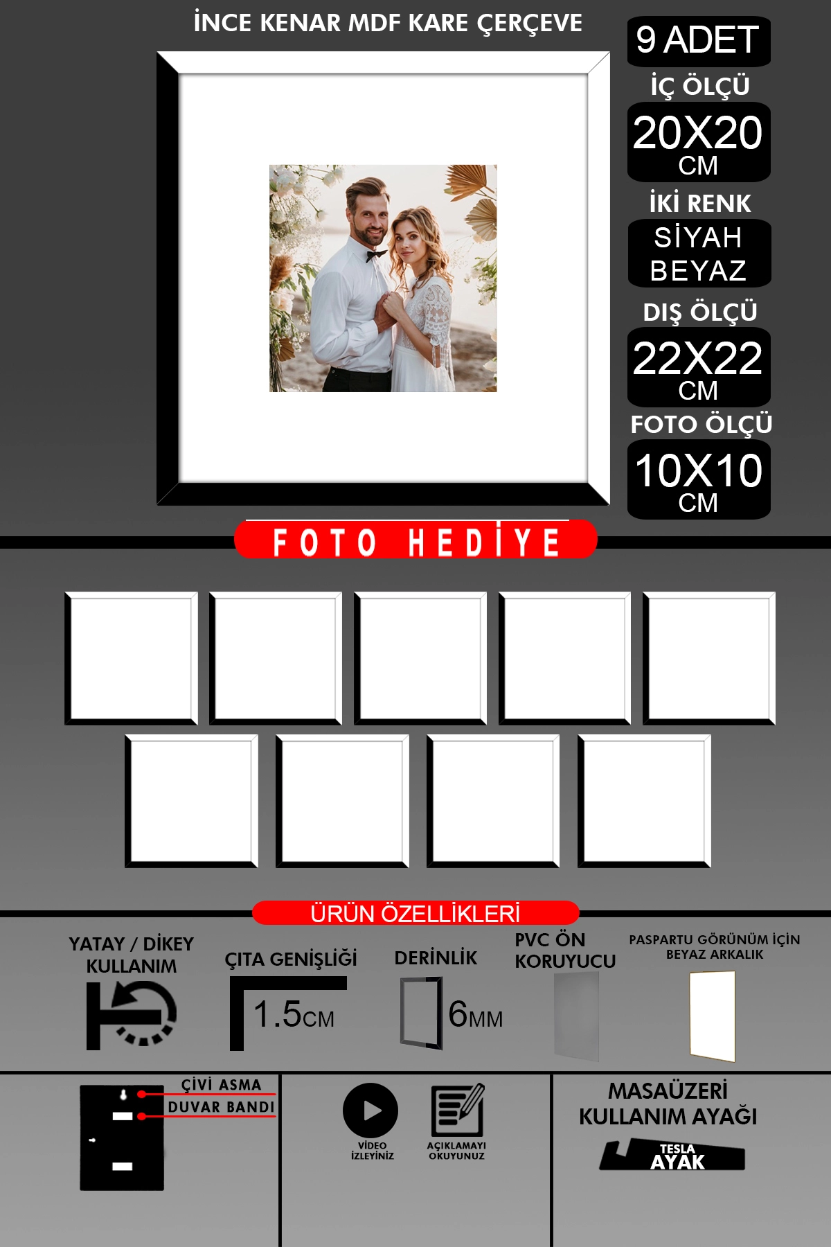 9 Adet 20x20 Çerçeve - İnce Çıtalı Çerçeve - Kare Çerçeve - Fotoğraf Çerçevesi