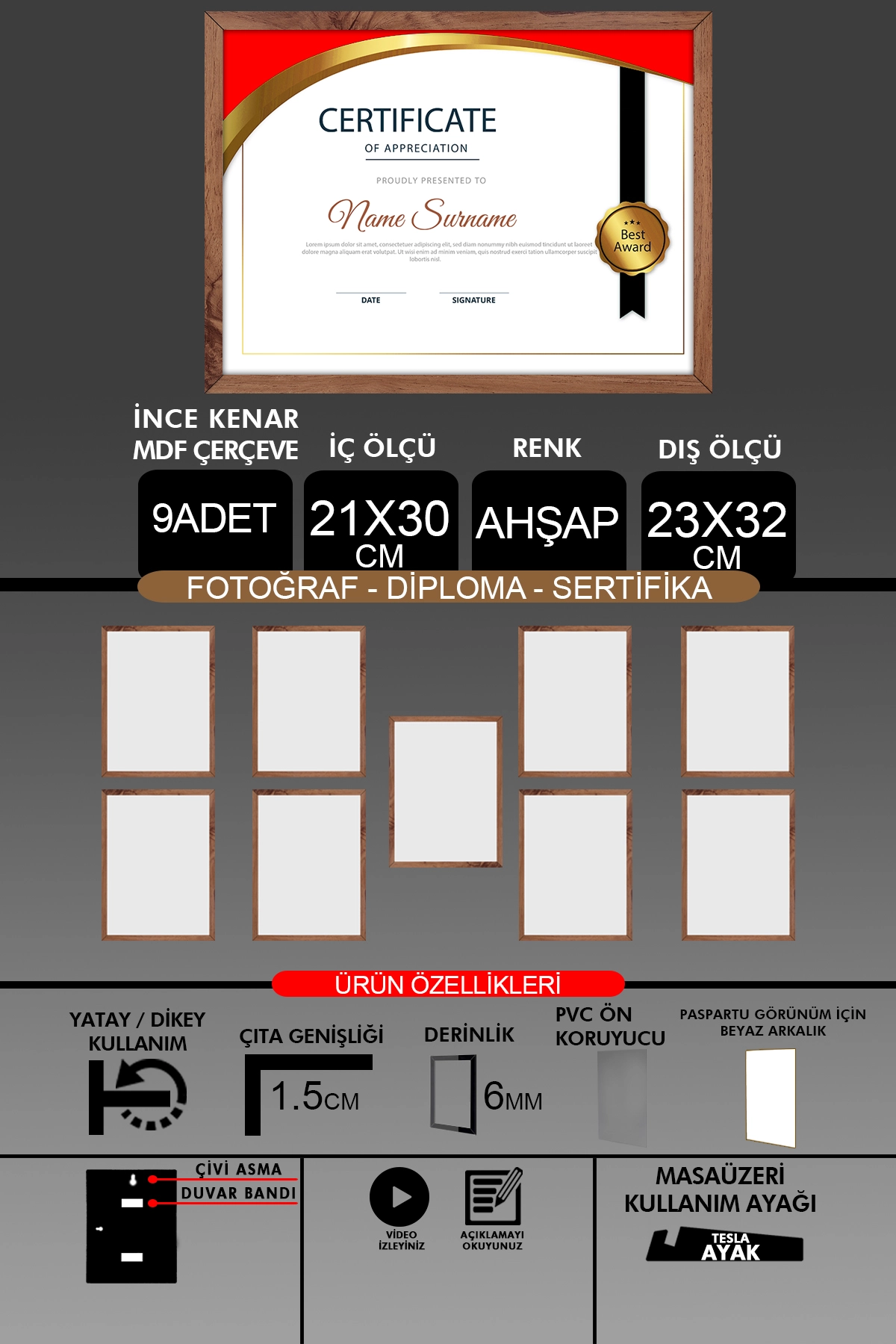 9 Adet 21x30 Çerçeve - İnce Çıtalı Çerçeve- 6mm Çerçeve Fotoğraf Çerçevesi