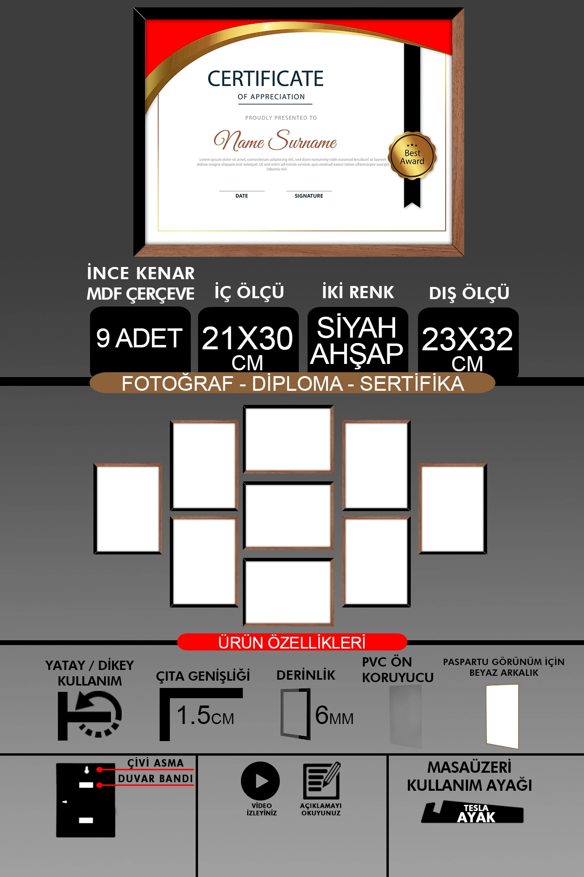9 Adet 21x30 Çerçeve - İnce Çıtalı Çerçeve- 6mm Çerçeve Fotoğraf Çerçevesi