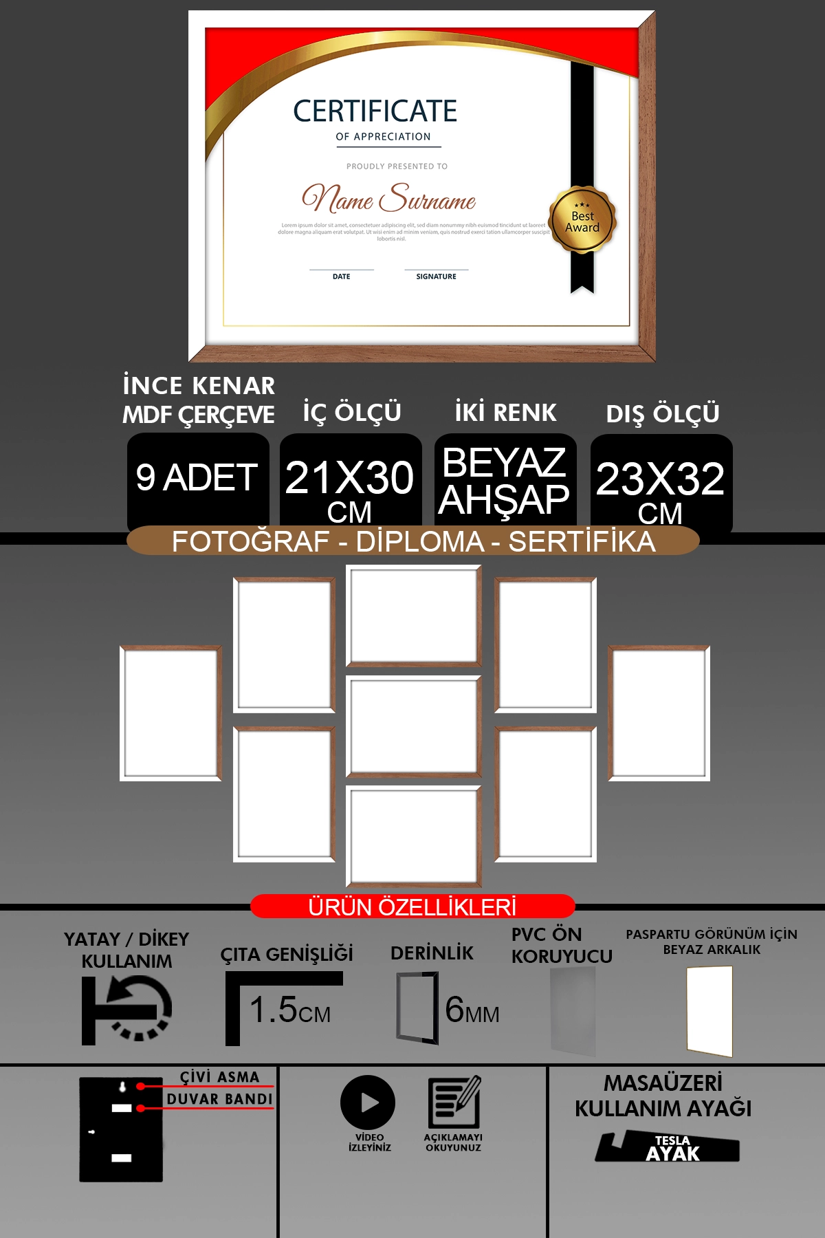 9 Adet 21x30 Çerçeve - İnce Çıtalı Çerçeve- 6mm Çerçeve Fotoğraf Çerçevesi