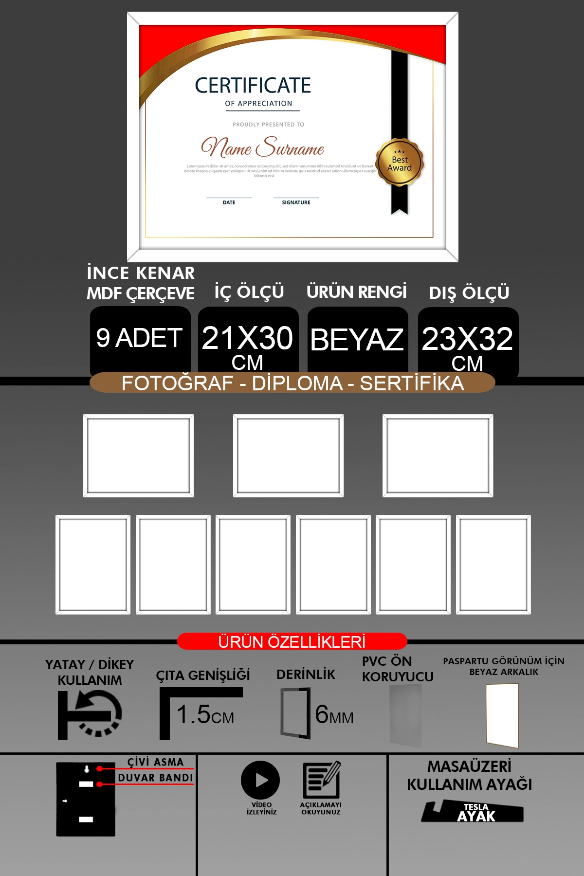 9 Adet 21x30 Çerçeve - İnce Çıtalı Çerçeve- 6mm Çerçeve Fotoğraf Çerçevesi
