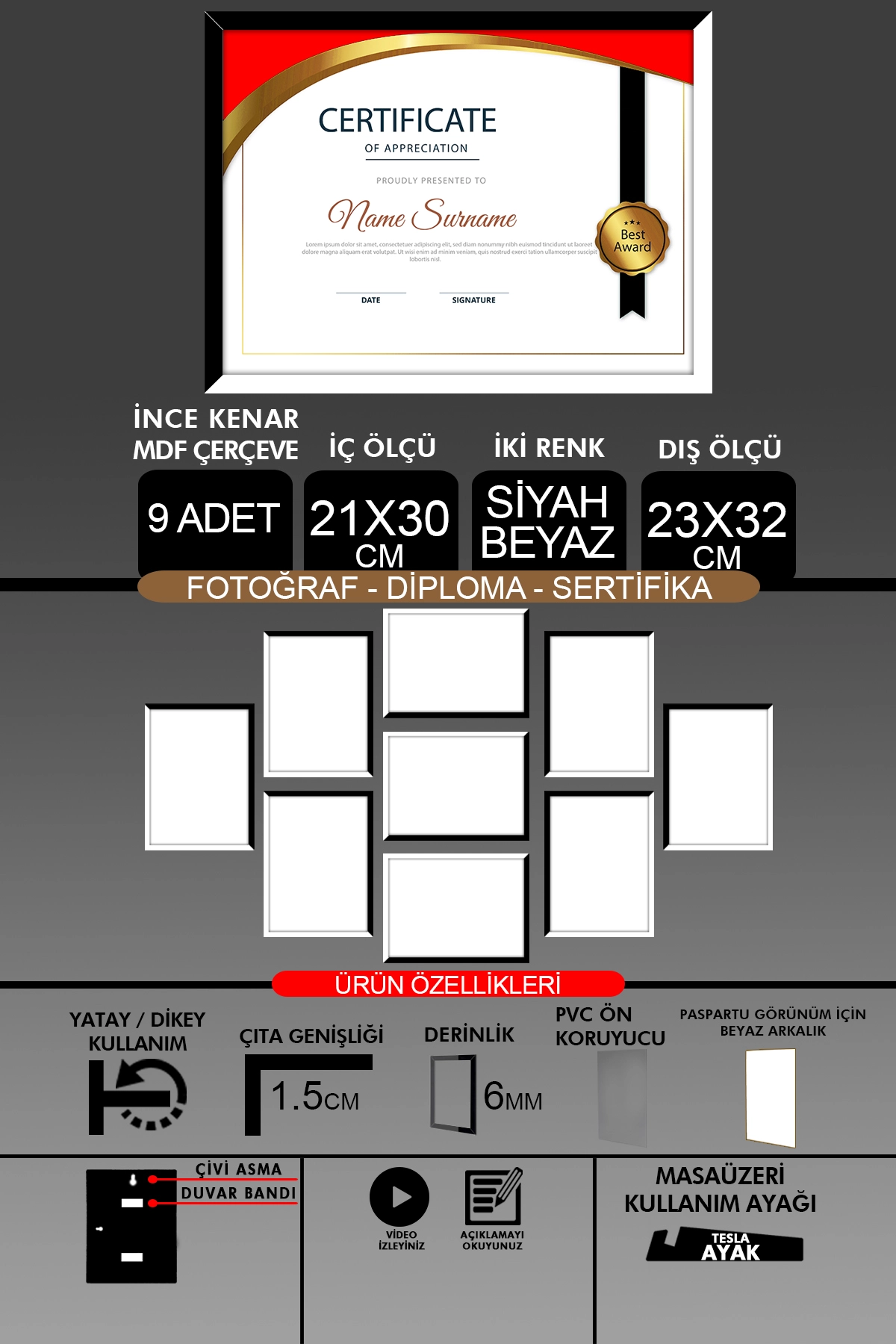 9 Adet 21x30 Çerçeve - İnce Çıtalı Çerçeve- 6mm Çerçeve Fotoğraf Çerçevesi
