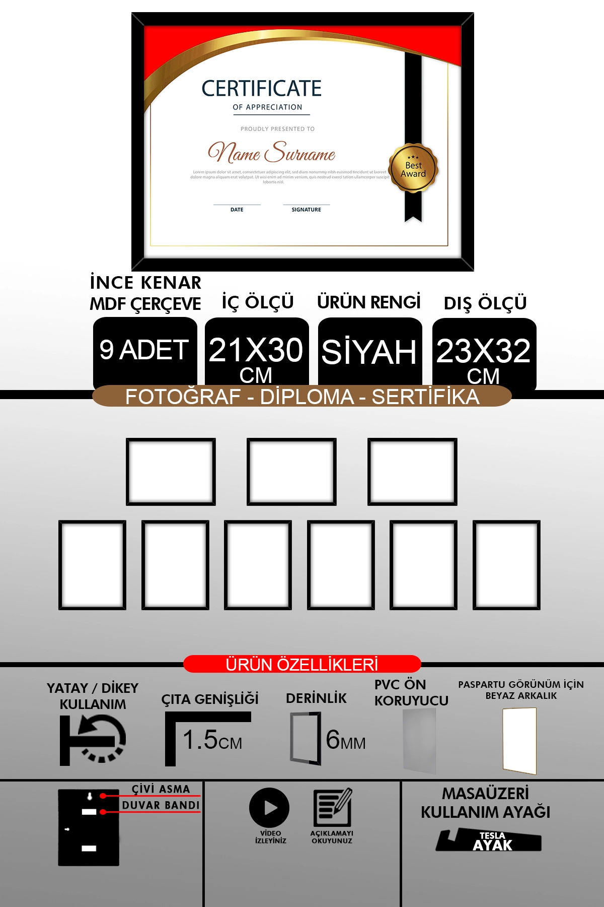 9 Adet 21x30 Çerçeve - İnce Çıtalı Çerçeve- 6mm Çerçeve Fotoğraf Çerçevesi