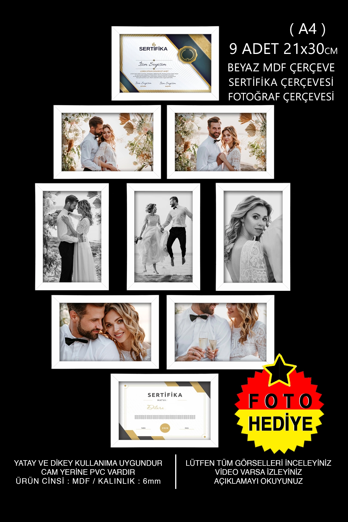 9 ADET 21x30 MDF ÇERÇEVE - DİKDÖRTGEN ÇERÇEVE Fotoğraf Çerçevesi