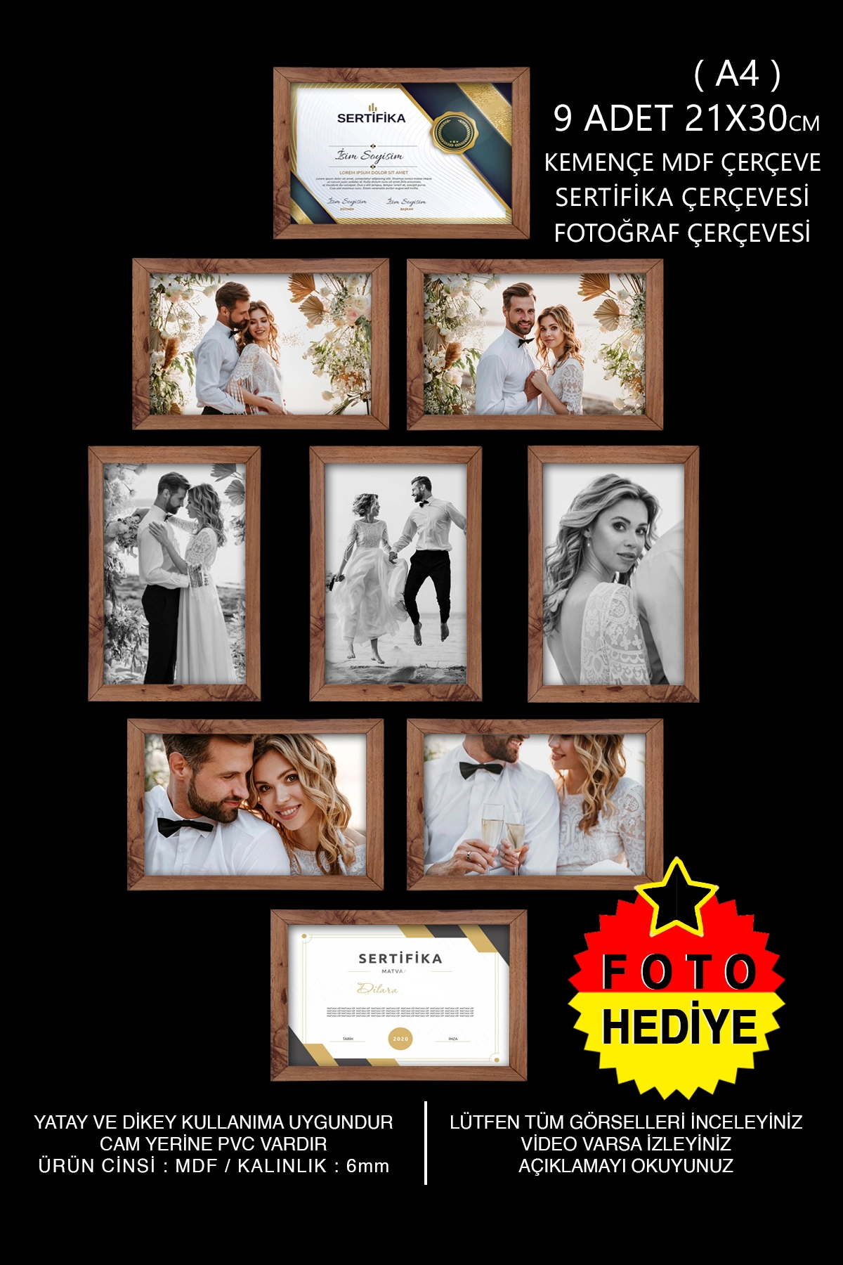 9 ADET 21x30 MDF ÇERÇEVE - DİKDÖRTGEN ÇERÇEVE Fotoğraf Çerçevesi