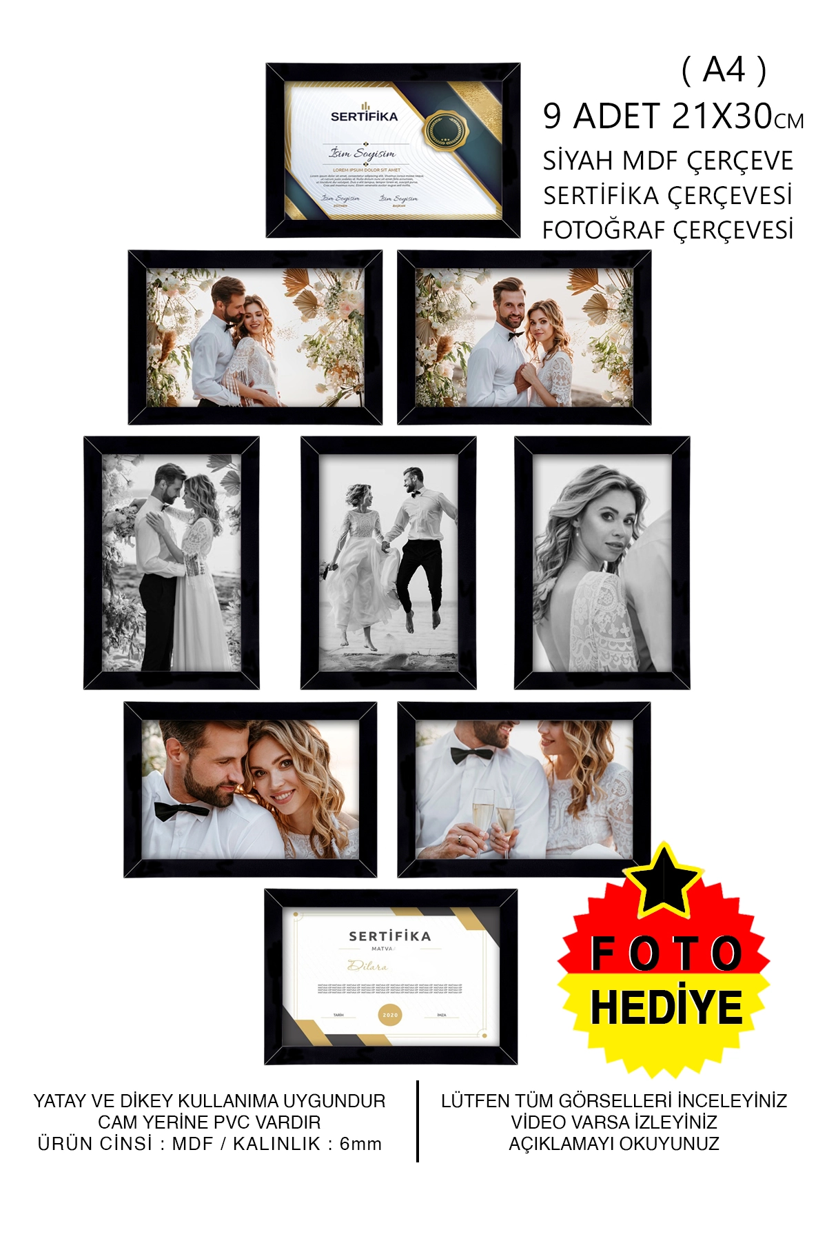 9 ADET 21x30 MDF ÇERÇEVE - DİKDÖRTGEN ÇERÇEVE Fotoğraf Çerçevesi
