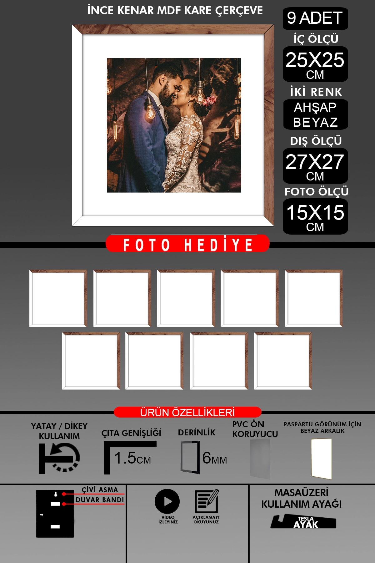 9 Adet 25x25 Çerçeve - İnce Çıtalı Çerçeve -Kare Çerçeve Fotoğraf Çerçevesi