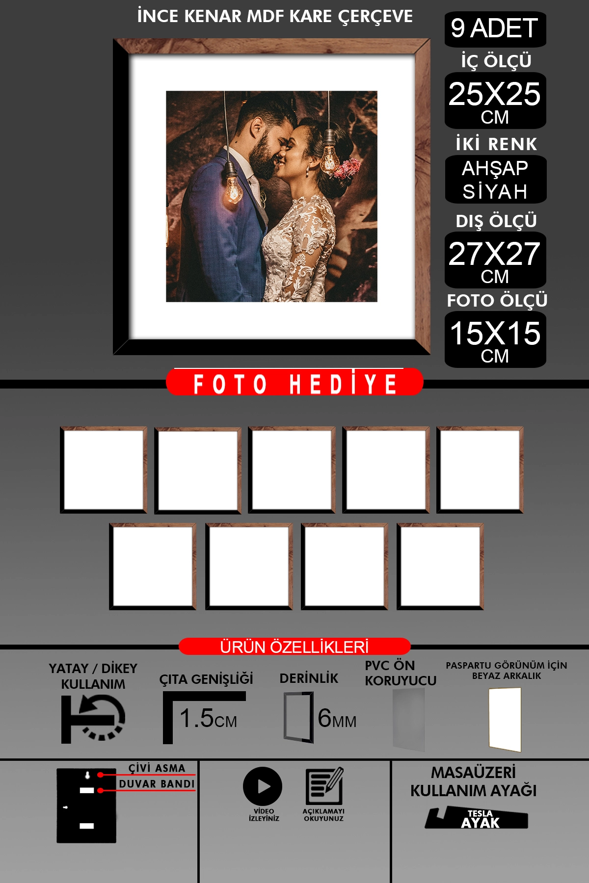 9 Adet 25x25 Çerçeve - İnce Çıtalı Çerçeve -Kare Çerçeve Fotoğraf Çerçevesi