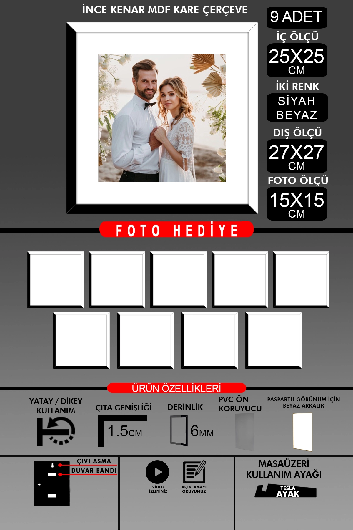 9 Adet 25x25 Çerçeve - İnce Çıtalı Çerçeve -Kare Çerçeve Fotoğraf Çerçevesi