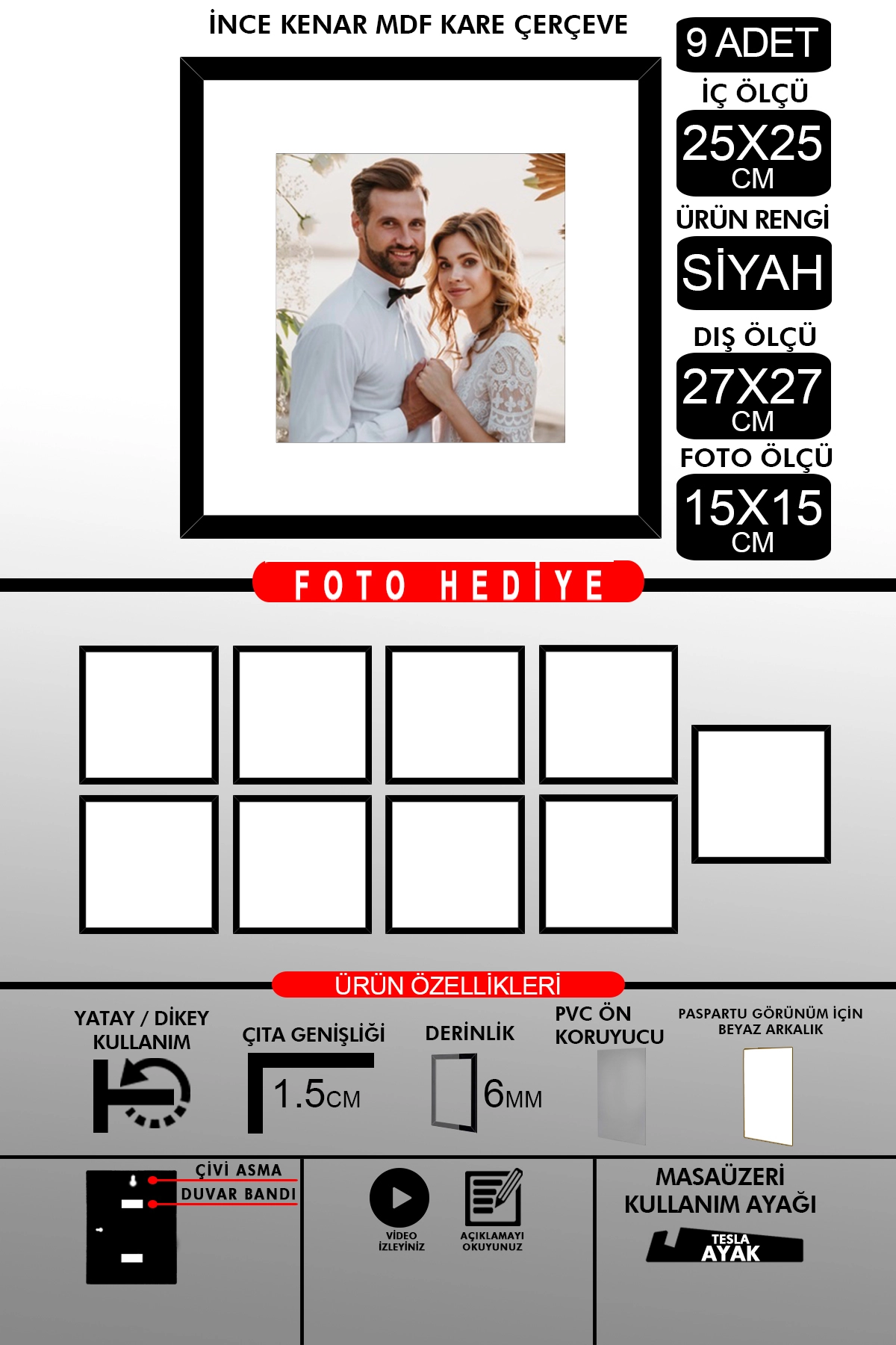 9 Adet 25x25 Çerçeve - İnce Çıtalı Çerçeve -Kare Çerçeve Fotoğraf Çerçevesi