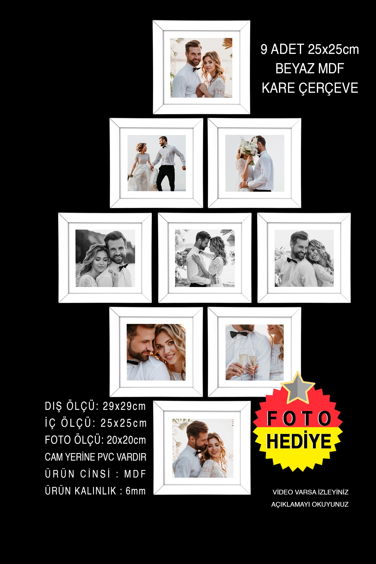 9 ADET 20x20 MDF ÇERÇEVE - KARE ÇERÇEVE Fotoğraf Çerçevesi