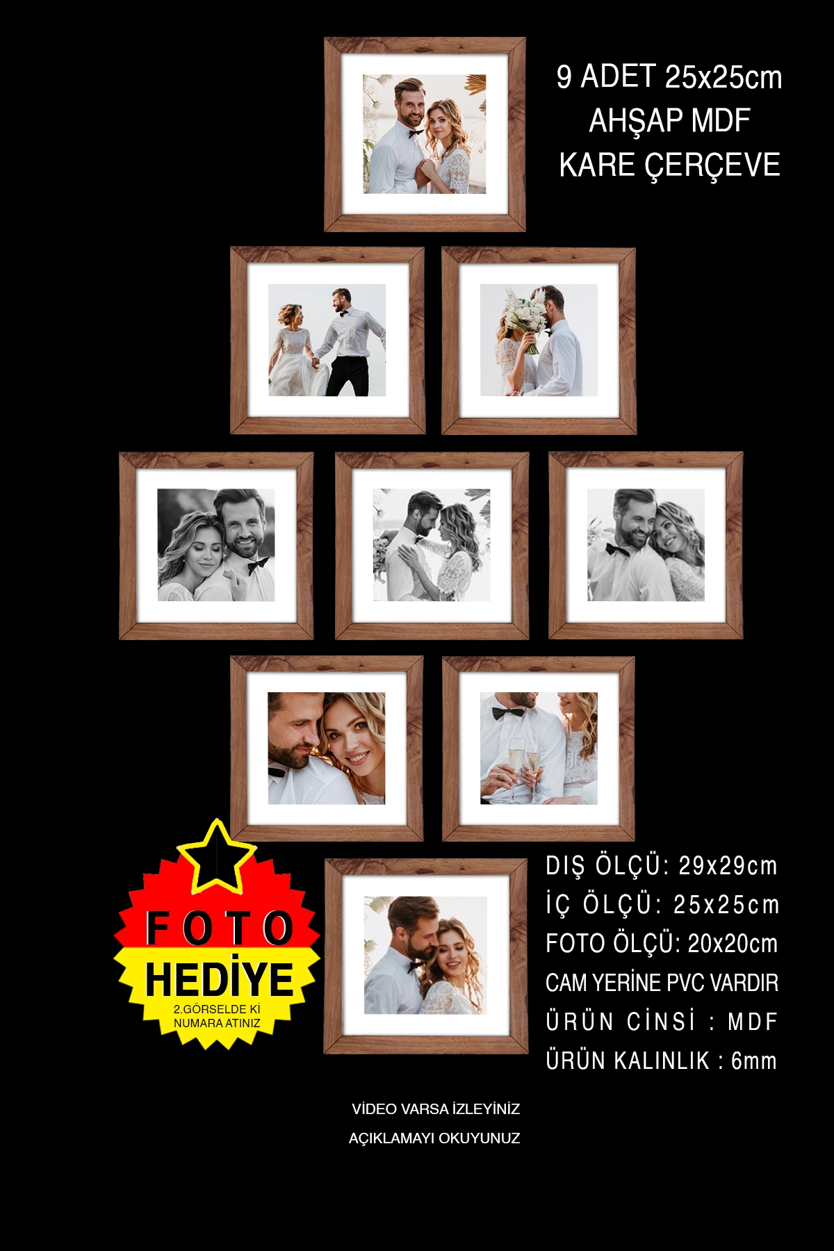 9 ADET 20x20 MDF ÇERÇEVE - KARE ÇERÇEVE Fotoğraf Çerçevesi