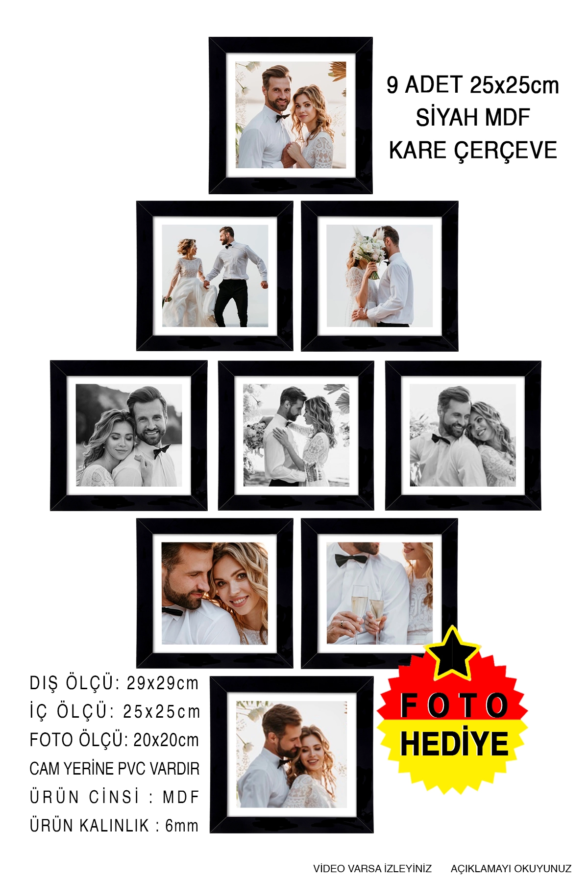 9 ADET 25x25 MDF ÇERÇEVE - KARE ÇERÇEVE Fotoğraf Çerçevesi