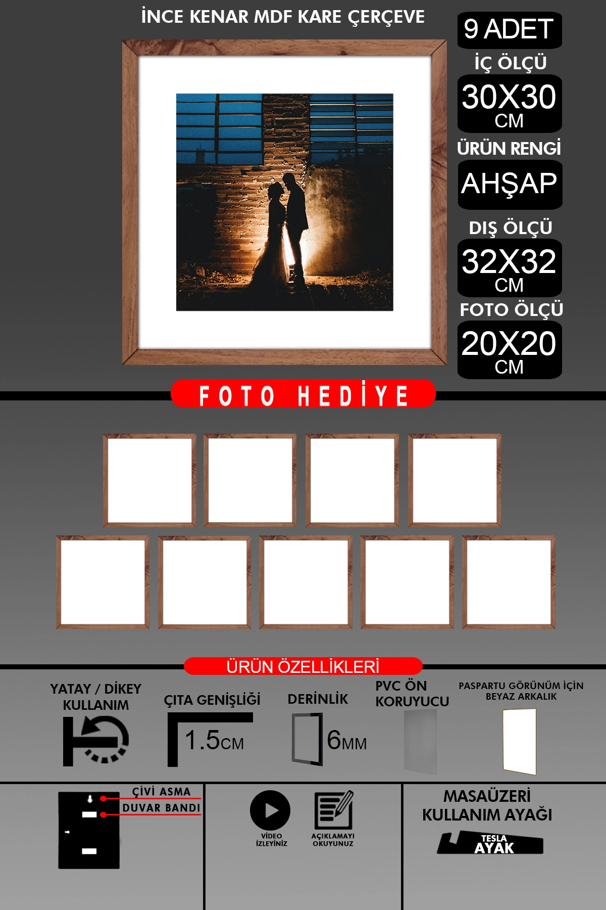 9 Adet 30x30 Çerçeve - İnce Çıtalı Çerçeve -Kare Çerçeve - Fotoğraf Çerçevesi