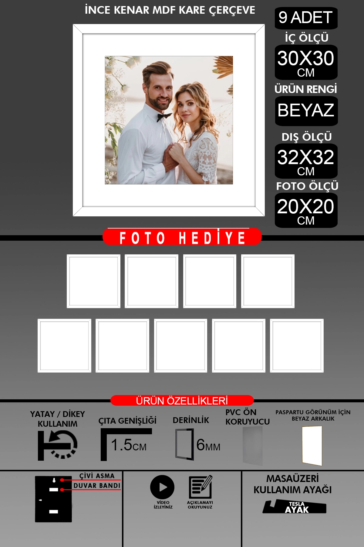 9 Adet 30x30 Çerçeve - İnce Çıtalı Çerçeve -Kare Çerçeve - Fotoğraf Çerçevesi