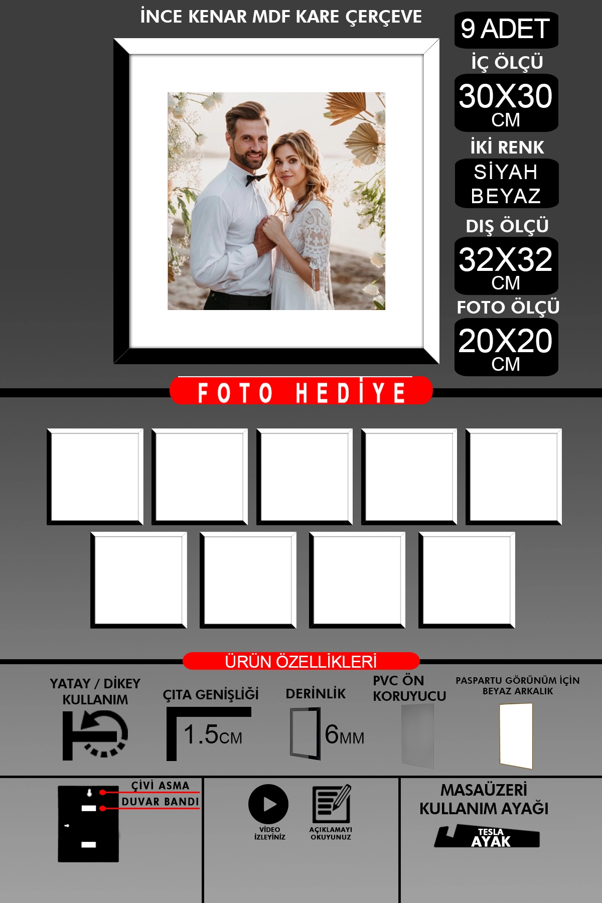 9 Adet 30x30 Çerçeve - İnce Çıtalı Çerçeve -Kare Çerçeve - Fotoğraf Çerçevesi