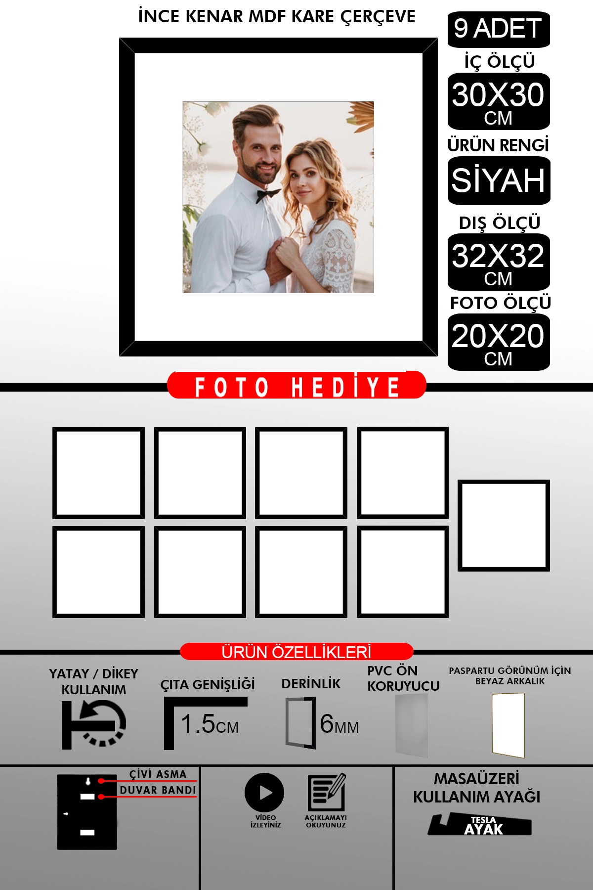 9 Adet 30x30 Çerçeve - İnce Çıtalı Çerçeve -Kare Çerçeve - Fotoğraf Çerçevesi