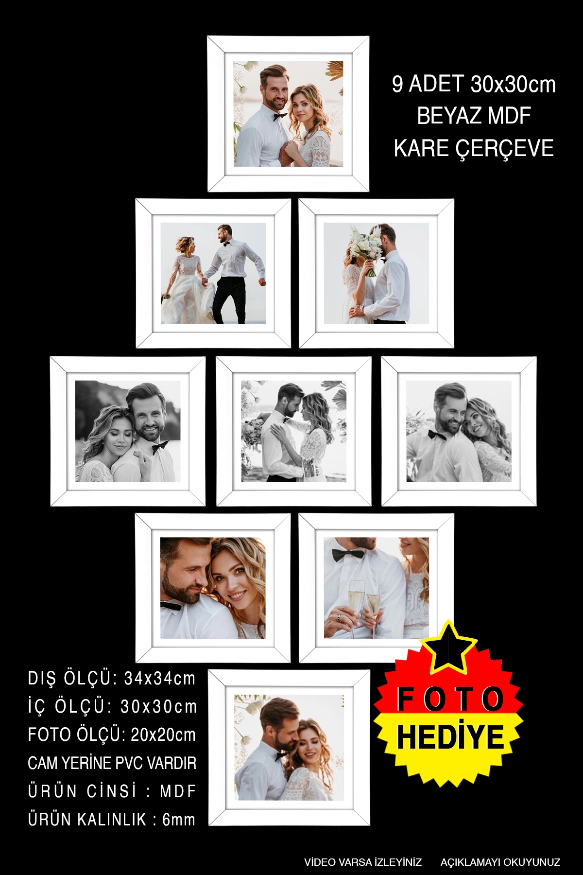  9 ADET 30x30 MDF ÇERÇEVE - KARE ÇERÇEVE Fotoğraf Çerçevesi