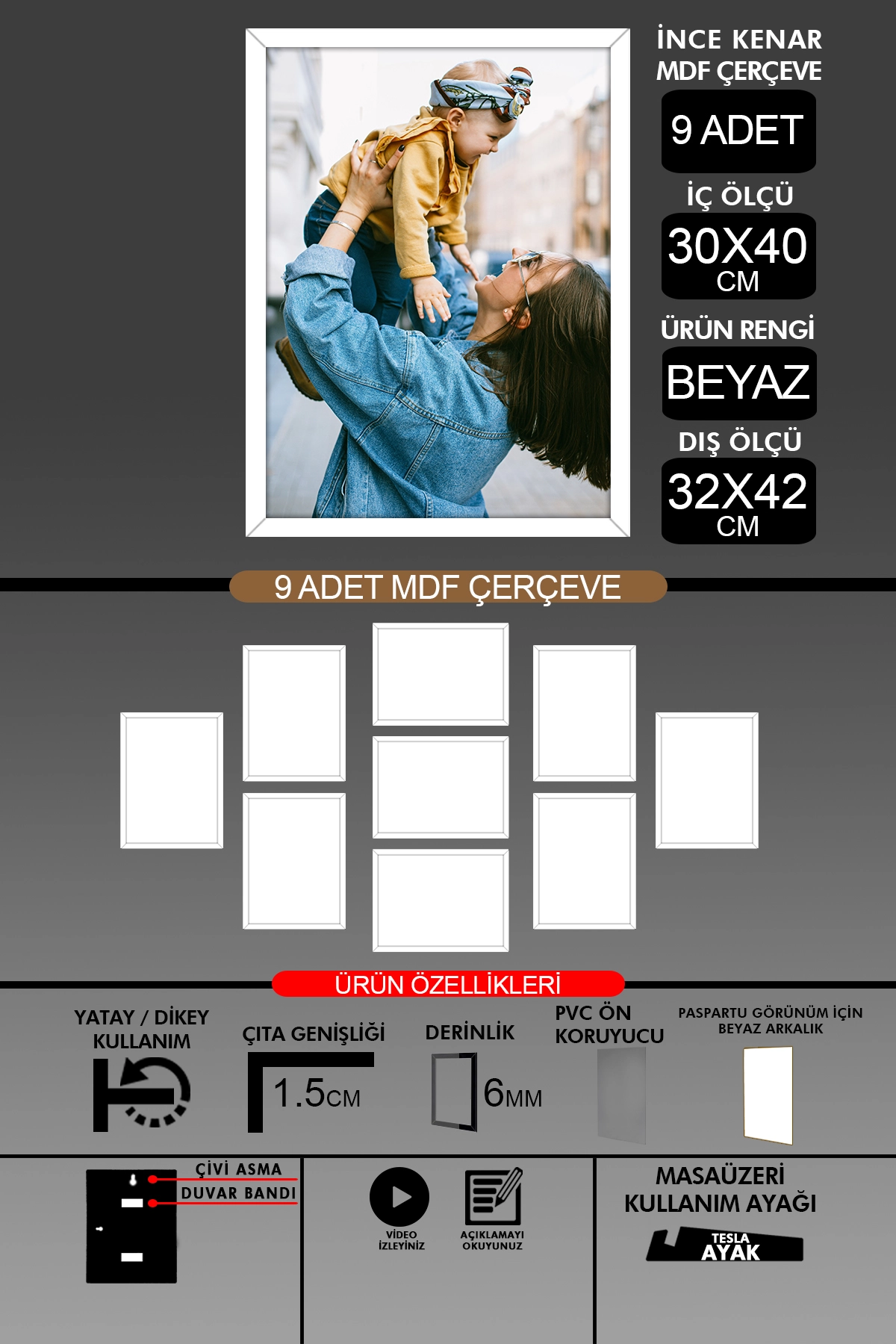 9 Adet 30x40 Çerçeve - İnce Çıtalı A3 Çerçeve - 6mm Fotoğraf Çerçevesi