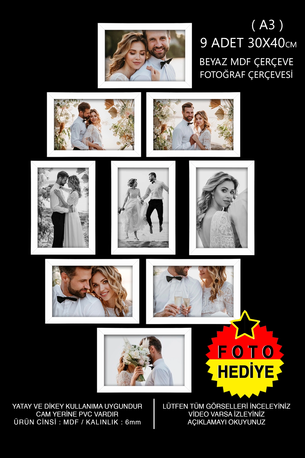 9 ADET 30x40 MDF ÇERÇEVE - DİKDÖRTGEN ÇERÇEVE Fotoğraf Çerçevesi
