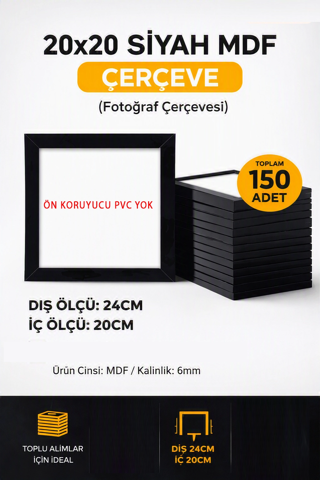 150 ADET 20X20 ÇERÇEVE - MDF ÇERÇEVE - SİYAH ÇERÇEVE - KARE 