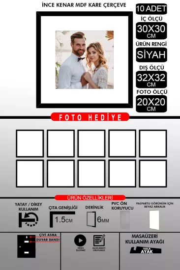 30x30 Çerçeve - İnce Çıtalı Çerçeve -Kare Çerçeve 