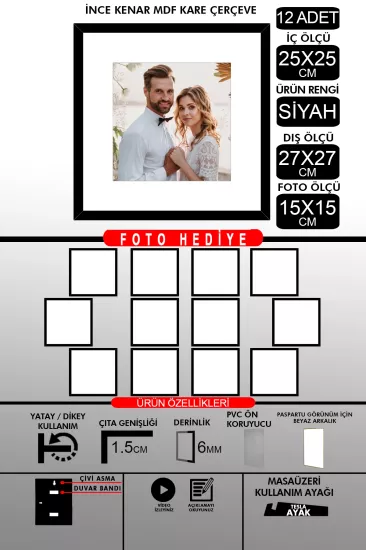 25x25 Çerçeve - İnce Çıtalı Çerçeve -Kare Çerçeve