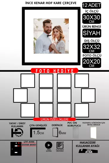 30x30 Çerçeve - İnce Çıtalı Çerçeve -Kare Çerçeve