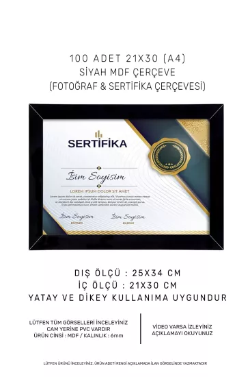 100 Adet 21x30 Çerçeve - A4 Çerçeve - Mdf Çerçeve - Siyah Çerçeve 