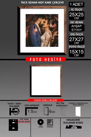 25x25 Çerçeve - İnce Çıtalı Çerçeve -Kare Çerçeve