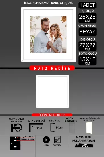25x25 Çerçeve - İnce Çıtalı Çerçeve -Kare Çerçeve