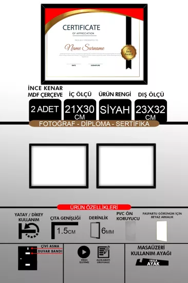  21x30 Çerçeve - İnce Çıtalı A4 Çerçeve