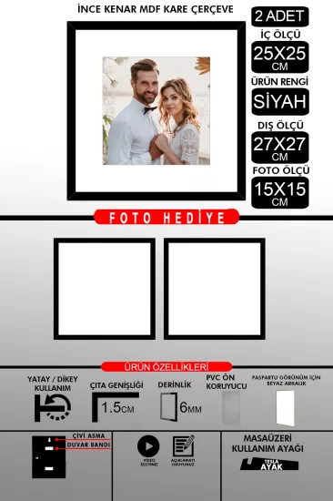 25x25 Çerçeve - İnce Çıtalı Çerçeve -Kare Çerçeve