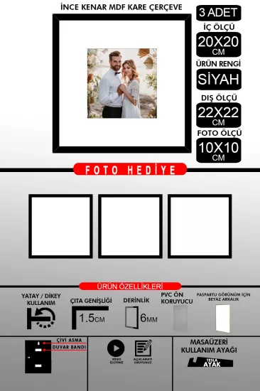 20x20 Çerçeve - İnce Çıtalı Çerçeve - Kare Çerçeve