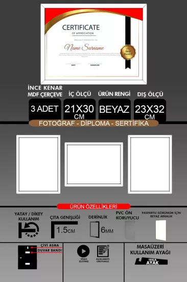 21x30 Çerçeve - İnce Çıtalı A4 Çerçeve